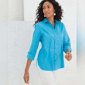 Chico's Non Iron Stretch Blue Button Down Collared Women's Size Medium (1)